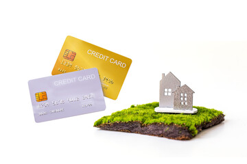 miniature family and miniature house with red roof on green grass and mock up credit card isolated on white background.