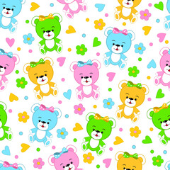 seamless,pattern with bear toys,flower and heat on a white background,illustration,vector