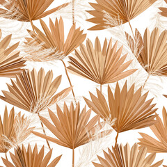 Tropical vector dry palm leaves, pampas grass seamless pattern, watercolor design boho background for wedding, textile print, exotic tropical wallpaper texture, cover, backdrop, decoration © wooster
