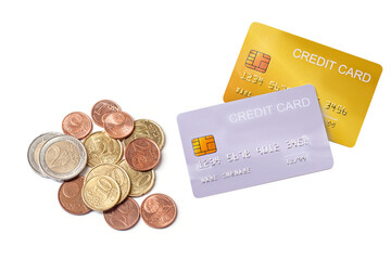 demo credit card  with euro money on white background.