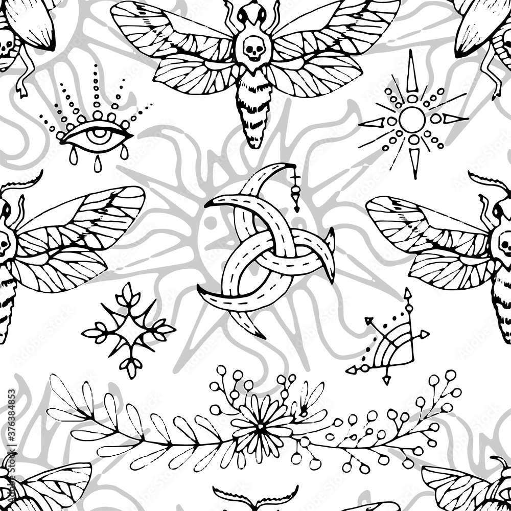 Sticker seamless pattern with mysterious symbols, moth and magic objects on white. mystic background for hal