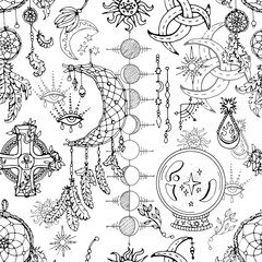 Seamless pattern with magic objects and spiritual design elements - dreamcatcher, crystal, moon phases. Mystic background for Halloween, esoteric, gothic and occult concept