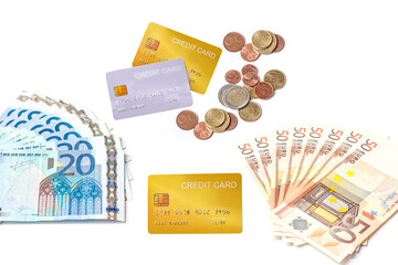 mock up demo credit card  with euro money banknote and coins on white background.