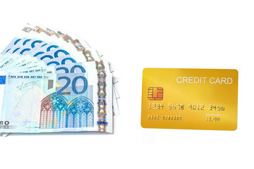mock up demo credit card  with euro money banknote and coins on white background.