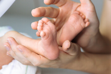 Detail of newborn's feet in mother's hands - shallow DOF
Close-up feet of a newborn baby. Young mother is holding baby feet in his hisands. 