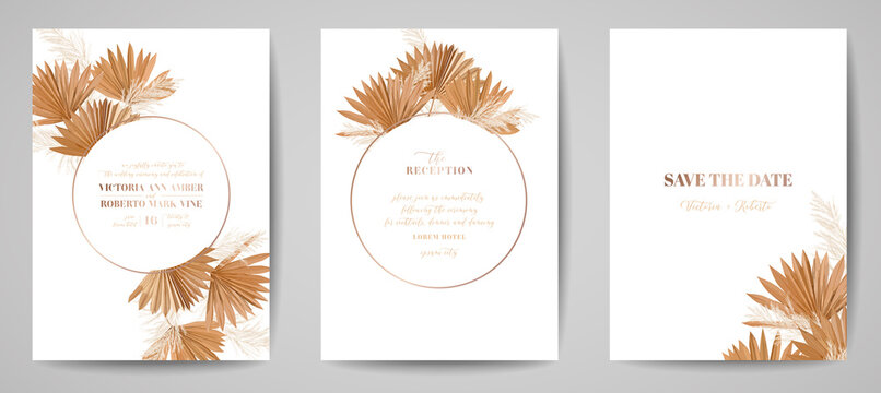 Wedding invitation tropical palm leaves card, frame set, dry pampas grass watercolor minimal template vector. Botanical Save the Date golden foliage modern poster, trendy design, luxury background