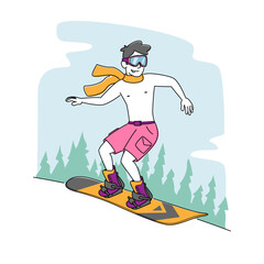 Young Male Character with Naked Torso and Shorts Riding Snowboard in Mountains. Man Hardening Body at Winter Time, Sport
