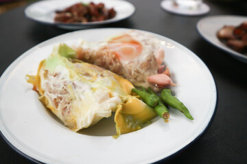 egg with sour pork , steamed egg with pork