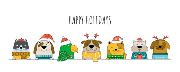 Fototapeta premium Merry Christmas illustration with cats, dogs, hamster and hamster.