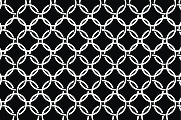 Fototapeta premium Geometric abstract pattern on black background. White circle on black background. Abstract geometric pattern.