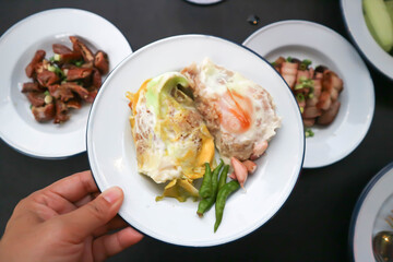 egg with sour pork , steamed egg with pork