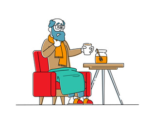 Character Caught Flu, Sickness Concept. Sick Senior Got Cold. Diseased Sad Man Sitting in Armchair Drinking Hot Beverage