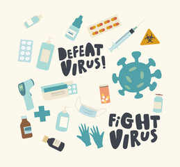 Set of Icons Fight with Virus. Coronavirus Cell, Syringe and Digital Thermometer, Medical Mask or Gloves with Medication