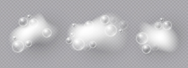 Realistic bath foam. Lather effect. Soap bubbles on transparent background
