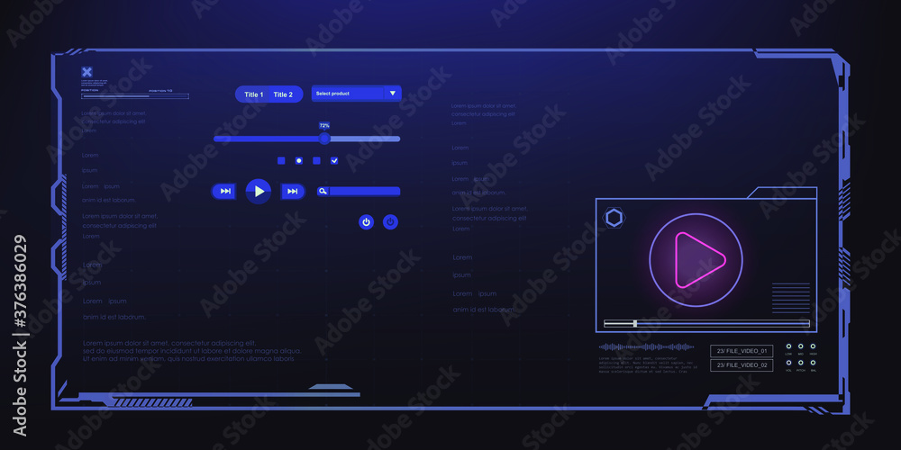 Poster hud ui screen for media app. futuristic media player with elements of audio, video tracks and play b