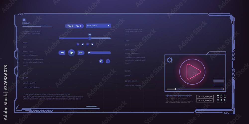 Poster hud ui screen for media app. futuristic media player with elements of audio, video tracks and play b