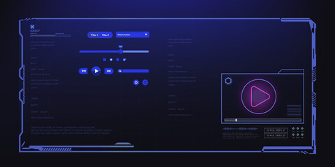 HUD UI screen for media app. Futuristic media player with elements of audio, video tracks and play button. Futuristic digital panel media app. Vector