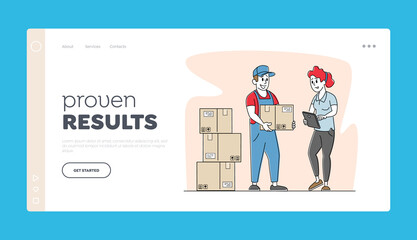 Inventory, Storehouse Distribution Landing Page Template. Worker Character Bringing Goods in Carton Boxes to Warehouse