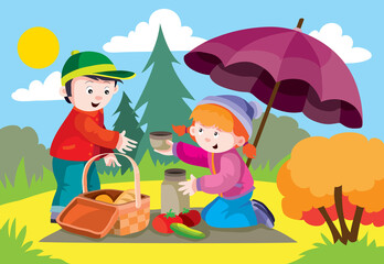 Obraz na płótnie Canvas boy and girl had a picnic in the park in autumn under an umbrella, tea, cartoon illustration, vector illustration,