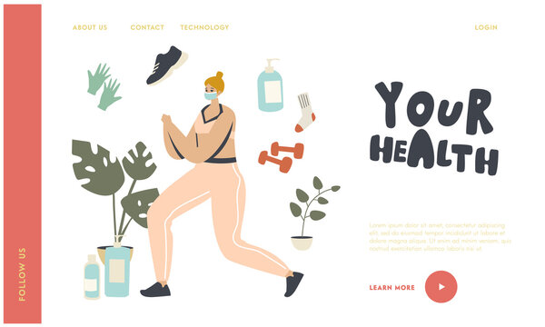 Sport and Healthy Lifestyle on Quarantine Landing Page Template. Woman Character Doing Fitness Exercises at Home