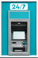 ATM machine, photo of one object in detail as a background, blue color