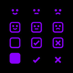 purple glowing icon and emotions face, emotional symbol and approval check sign button, fluorescent emotions faces and checkmark x or confirm and deny, button glowing flat for apps, icons check mark