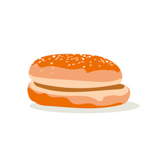 Round bun with sesame seeds. Freshly baked wheat bread for burgers without stuffing. Traditional fast food dish design element flat vector illustration on white background
