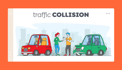 Car Accident, Conflict on Road between Drivers Landing Page Template. Characters Arguing at Broken Automobiles, Traffic