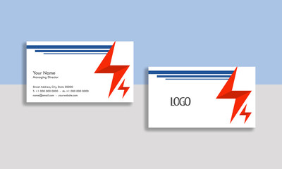 business card design with red electric bolt, template, lines