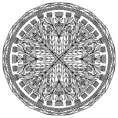 mandala with ornaments and folk style flowers drawn on a white background for coloring, vector, mandala, folk