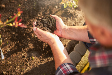 Senior citizen holding two handfuls of soil