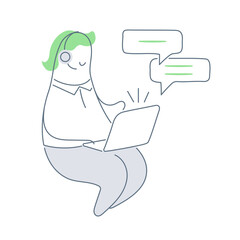 Online technical support 24-7. Support, online help, call center, hotline service. Cute cartoon man with a headset chatting on a laptop. 