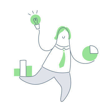 Balancing, multi-tool manager trying to keep everything in balance. He holding a pie diagram, light bulb, and bar graph.