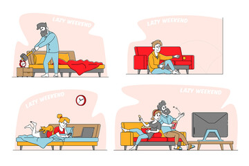 Lazy Weekend Set. Male and Female Characters Relaxing at Home Watching Tv, Reading and Watching Online Video, Drinking