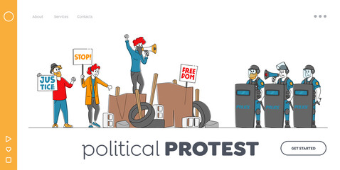People Protest Landing Page Template. Characters Fighting for Rights and Freedom, Protesting with Placards on Strike