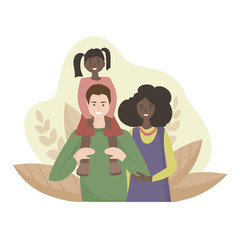 Multinational happy family. Husband European, wife Black woman and daughter. girl sitting on her father's shoulders. The concept of paternity, motherhood and happy childhood. Vector flat design