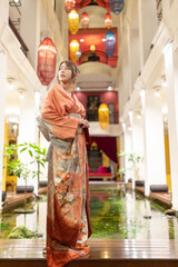 Young woman in traditional Japanese kimono, Japanese concept of kimono and yukata.
