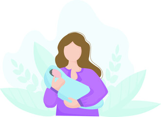 A woman holds a newborn baby in her arms. The concept of motherhood and family values. vector flat illustration