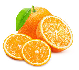 ripe orange with a leaf and a slice sliced isolated on a white background