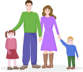 Portrait of a happy family on a walk by parents and children. Mom and Dad are walking with their son and daughter. People smile. The concept of love and family values.  Vector flat design.