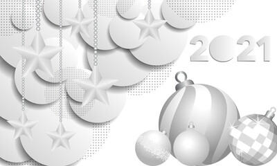 2021- carte de vœux sur le concept du rond et du blanc, décorée de boules de Noël et d’étoiles.