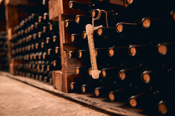 Wine bottles with thermometer stored in wine cellar