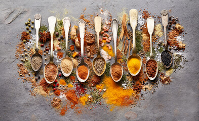Spices powder in closeup on gray board