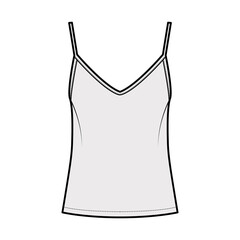 Camisole slip top technical fashion illustration with sweetheart neck, thin straps, relax fit, back zip fastening. Flat outwear tank apparel template front, grey color. Women, men, unisex CAD mockup