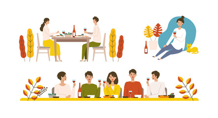 秋の食事とワインを楽しむ人々のイラスト