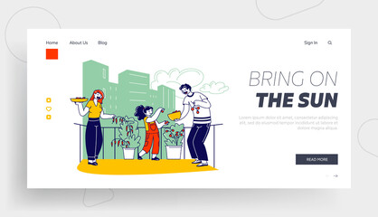 Happy Family Harvesting on Balcony Garden Landing Page Template. Mother, Father and Little Daughter Collecting Crop