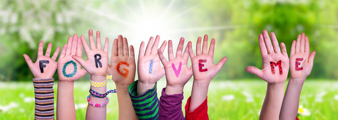 Children Hands Building Colorful English Word Forgive Me. Sunny Green Grass Meadow As Background