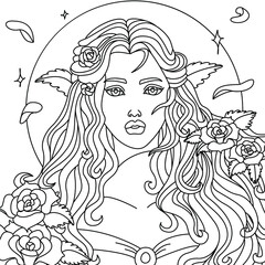 Printable coloring page: portrait of a beautiful princess with long hair and magical flowers in it.