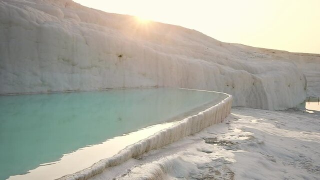 Water flows from Travertine terrace in slow motion in Pamukkale