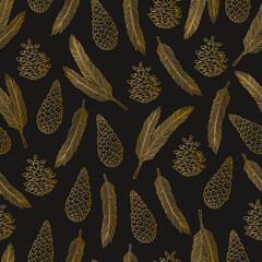 Christmas seamless pattern, with gold plants. Pine cone brunch in doodle line style, traditional New Year and xmas elements. Modern ornate for decoration on black background.